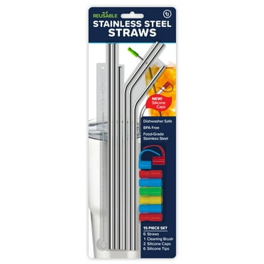 4th Utensil Reusable Bent Stainless Steel Straws and Cleaning Brush, 9.5 inches, 6 Pack