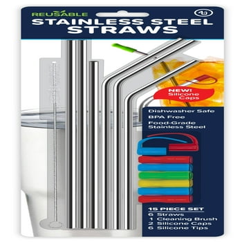 4th Utensil Reusable Bent Stainless Steel Straws with Removable Silicone Tips and 1 Cleaning Brush, Dishwasher Safe, 9.5 Inches Long, Set of 6 Metal Straws