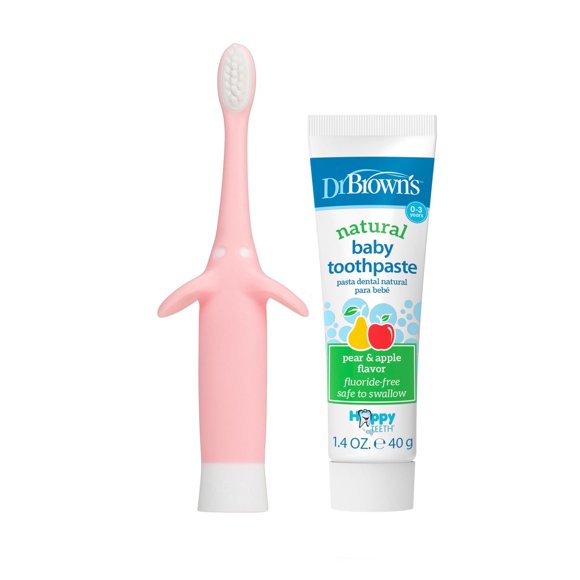 Dr. Brown's Infant-to-Toddler Training Toothbrush Set with Fluoride-Free Baby Toothpaste, Pear and Apple Flavor - Pink Elephant, 0-3 years