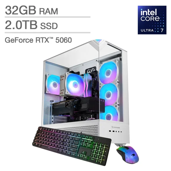 iBUYPOWER Element Gaming PC - Intel Core Ultra 7 265F 20 Core processor - NVIDIA GeForce RTX 5060, 8GB - 32 GB RAM - 2TB SSD - White - Windows 11 Home
