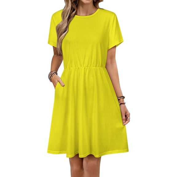 Pure Yellow Sundress Short Sleeve Dress Summer Women Clothes Dress for Women Dresses