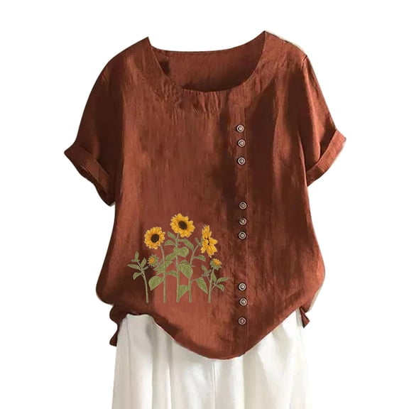 T Shirts For Women Brown Womens Tops Fashion Cotton And Linen Loose Fit Casual Sunflower Floral Print Short Sleeve Button Up Summer Tops