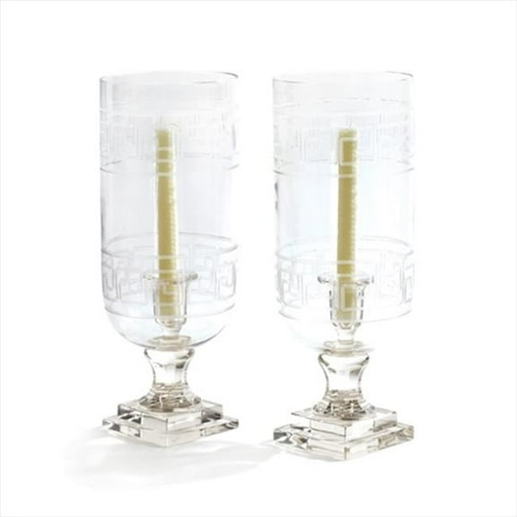 Deco Home Pair of Etched Glass Greek Key Hurricanes