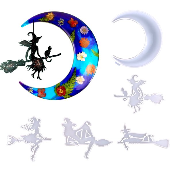 Moldes de resina de bruja y escoba lunar Kits de moldes Likrtyny de fundición epoxi de silicona manualidades DIY para Halloween arte de pared adorno para decoración