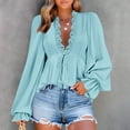 thumbnail image 3 of QQAMB Women's Blouse Lace Solid Color Long Sleeve Top Tie Front Blouses V-Neck Lantern Shirts, 3 of 8