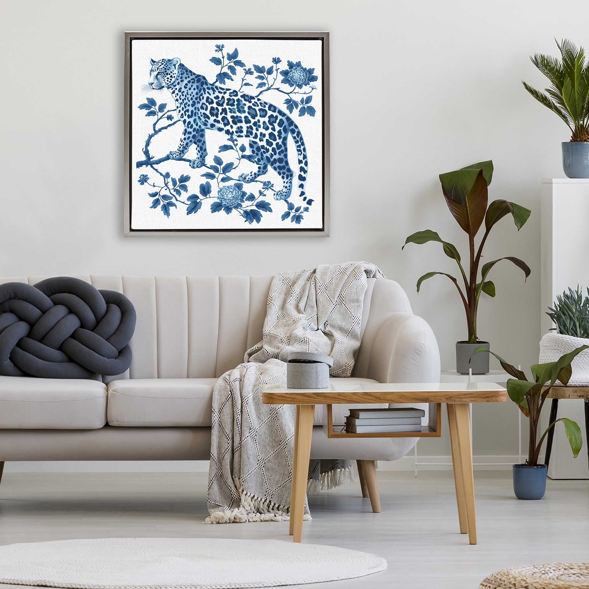 Traditional Ornate Floral Leopard Gray Framed Floater Canvas Wall Art, design by Lettered and Lined