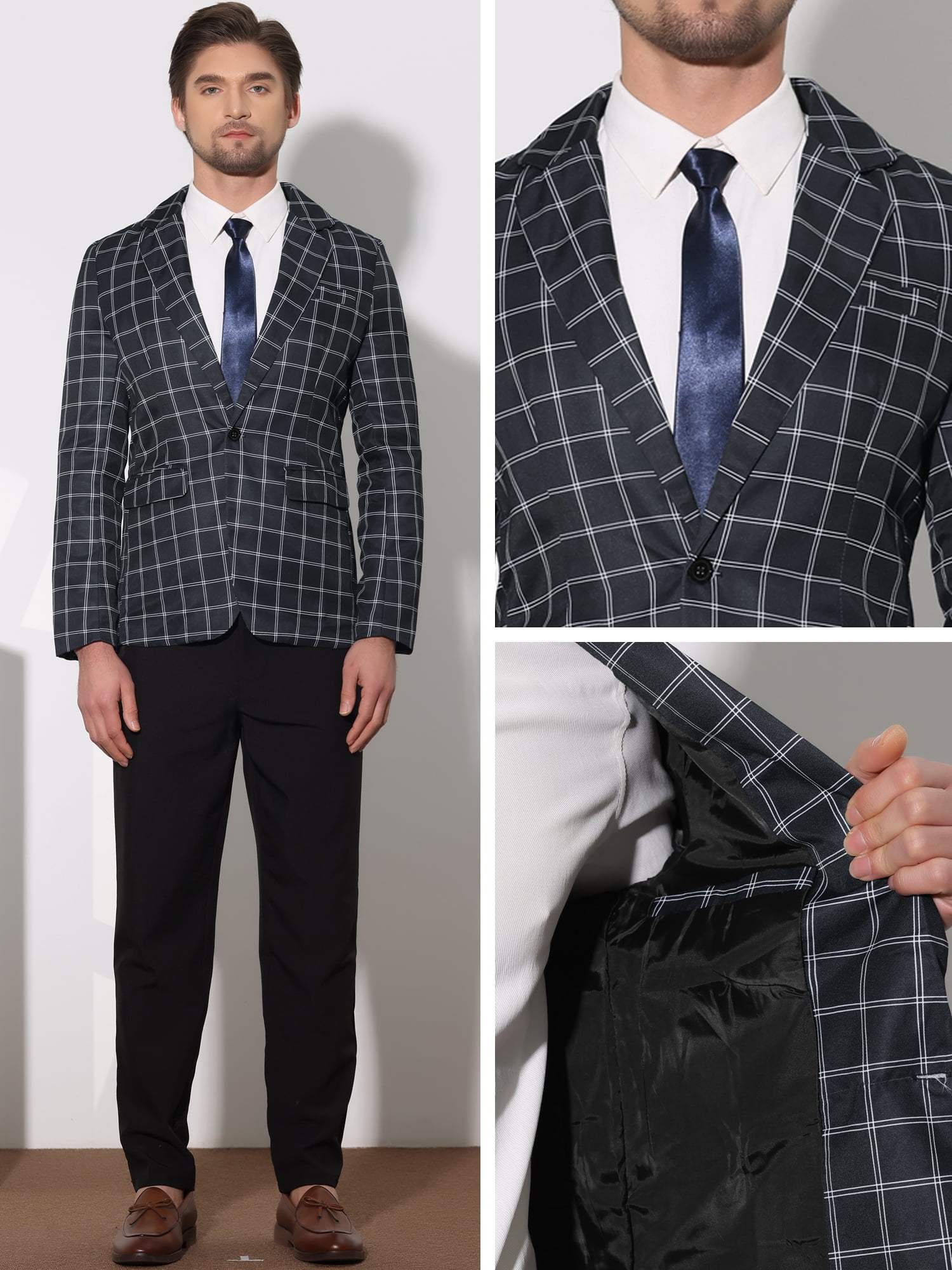 DARING DIVA Men's Plaid Blazers Notch Lapel Checked Wedding Dinner Sports Coat L Black