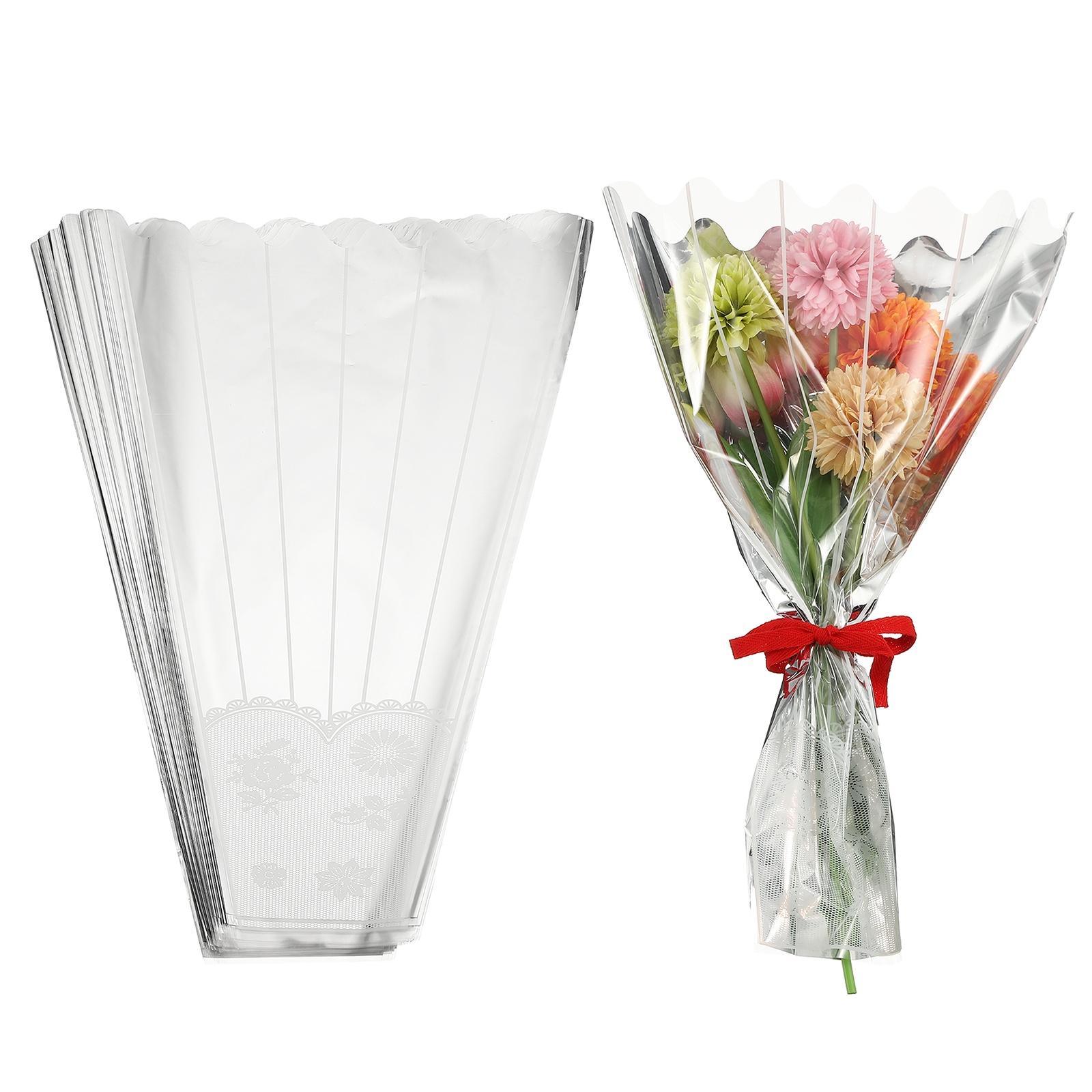 Uxcell Clear Flower Wrapping Bags, Transparent Flower Packaging Bag Waterproof Bouquet Sleeves with Lace - Fitting for (Florists/Floral Arrangements Supplies), 13.8x3.9x19.7 Inch & 100Pcs