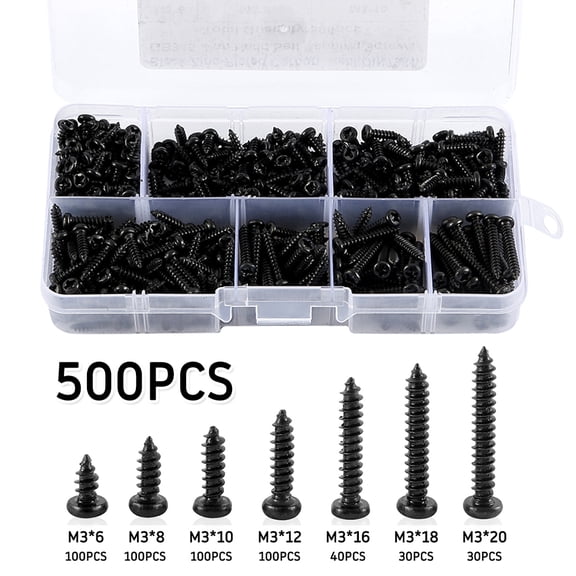 Ghojet 500PCS Self Tapping Screws Assortment Set Black Carbon Steel Round Pan Head Phillips Wood Screws Self Tapping Drilling Screws Assortment Kit