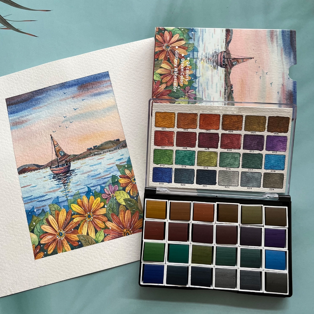 Partygee 24 Color Metallic Watercolor Paints Professional Artist Art Set for Beginner Painting on Paper Woods Fabric DIY Nail Art