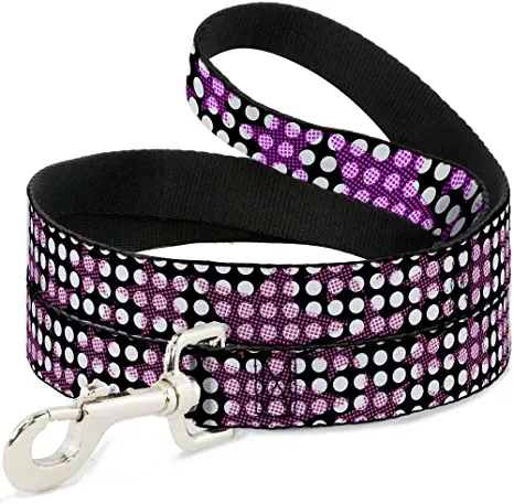 Dog Leash Eighties Stars1 Black White Fuchsia 4 Feet Long 0.5 Inch Wide