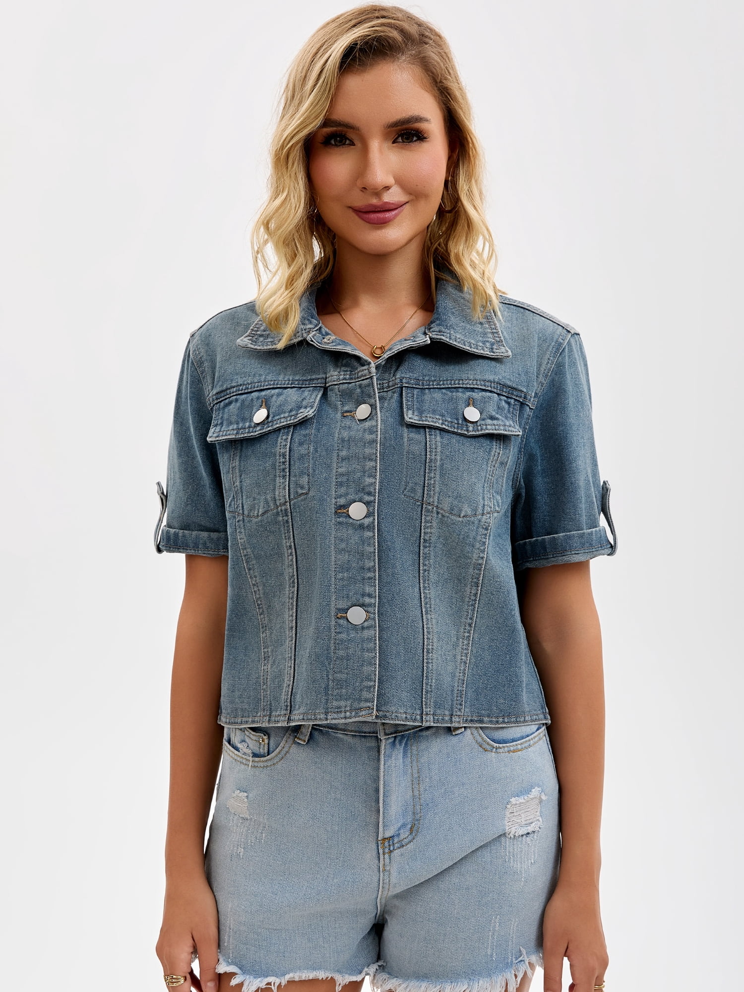 DARING DIVA Women's Short Sleeve Denim Collared Button Up Cropped Jean Jacket L Grey Blue