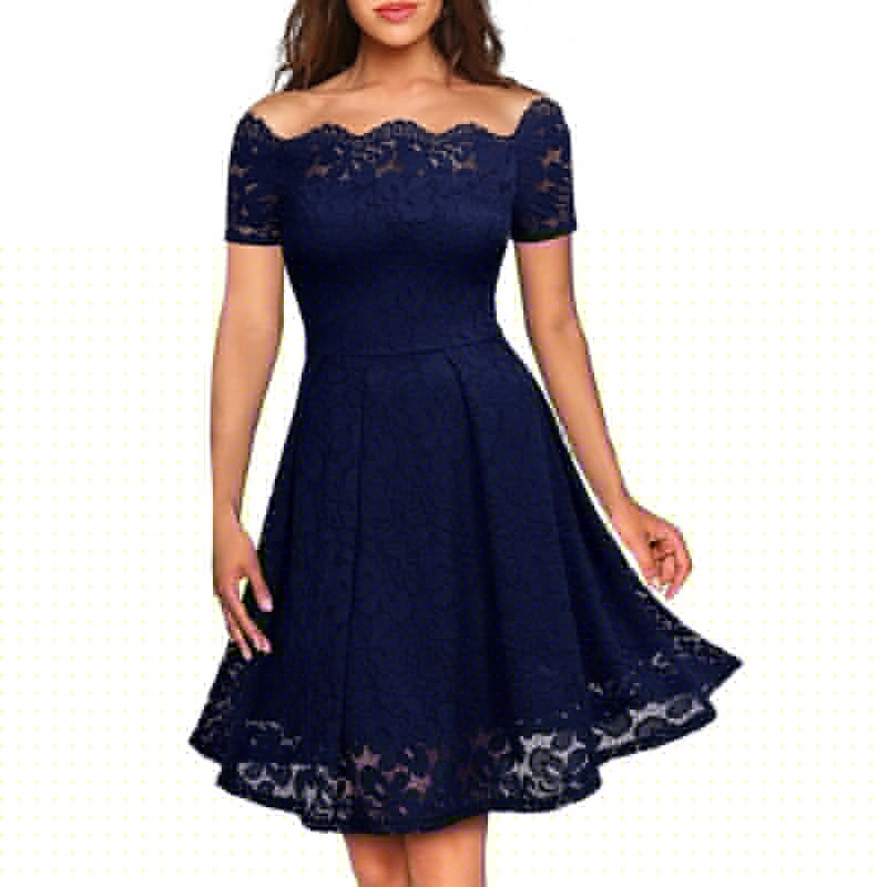 Navy Blue, variant on Women's Fashion Strapless Short Sleeve Lace Dress Party Dress