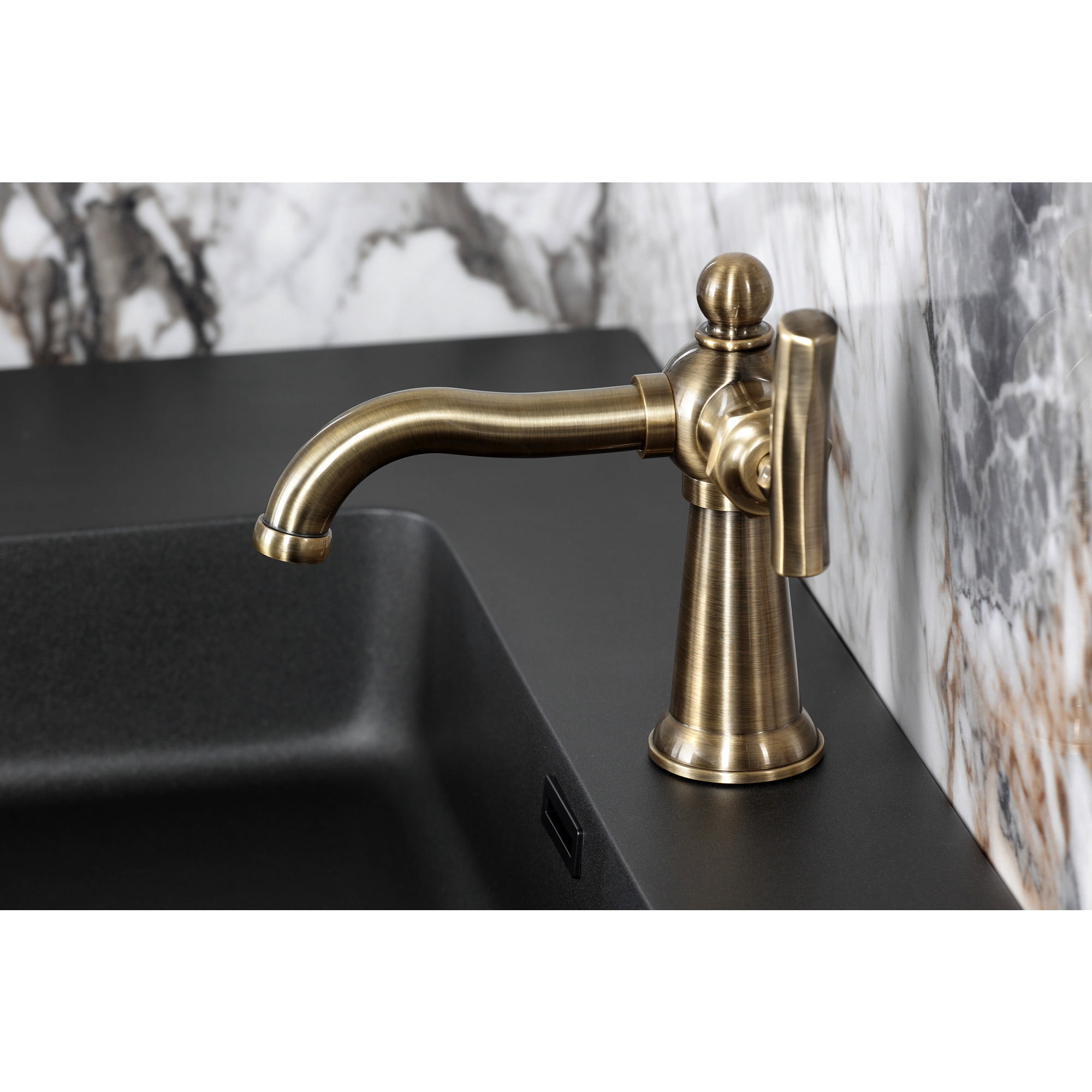 Kingston Brass KS3543TKL Hallerbos One-Handle 1-Hole Bathroom Faucet with Push Pop-Up Drain in Antique Brass