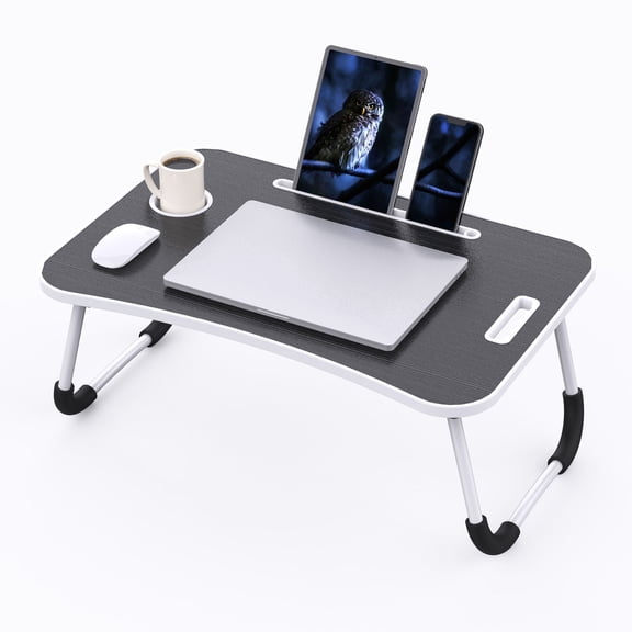 Foldable Laptop Table, Portable Lap Desk Bed Table Tray, Laptop Stand with Cup Holder & Tablet Slot & Lifting Handle for Working Writing Drawing & Eating (Black)