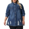 thumbnail image 2 of DARING DIVA Women's Plus Size Button Down Long Distressed Denim Jacket 1X Dark Blue, 2 of 6