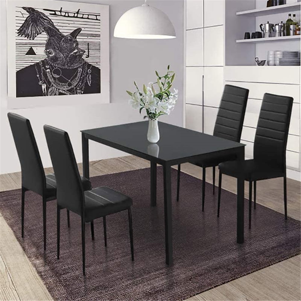 high Comfort Rugged Tempered Safety Glass Desktop,Black Dining Table and 4 Chair Set 