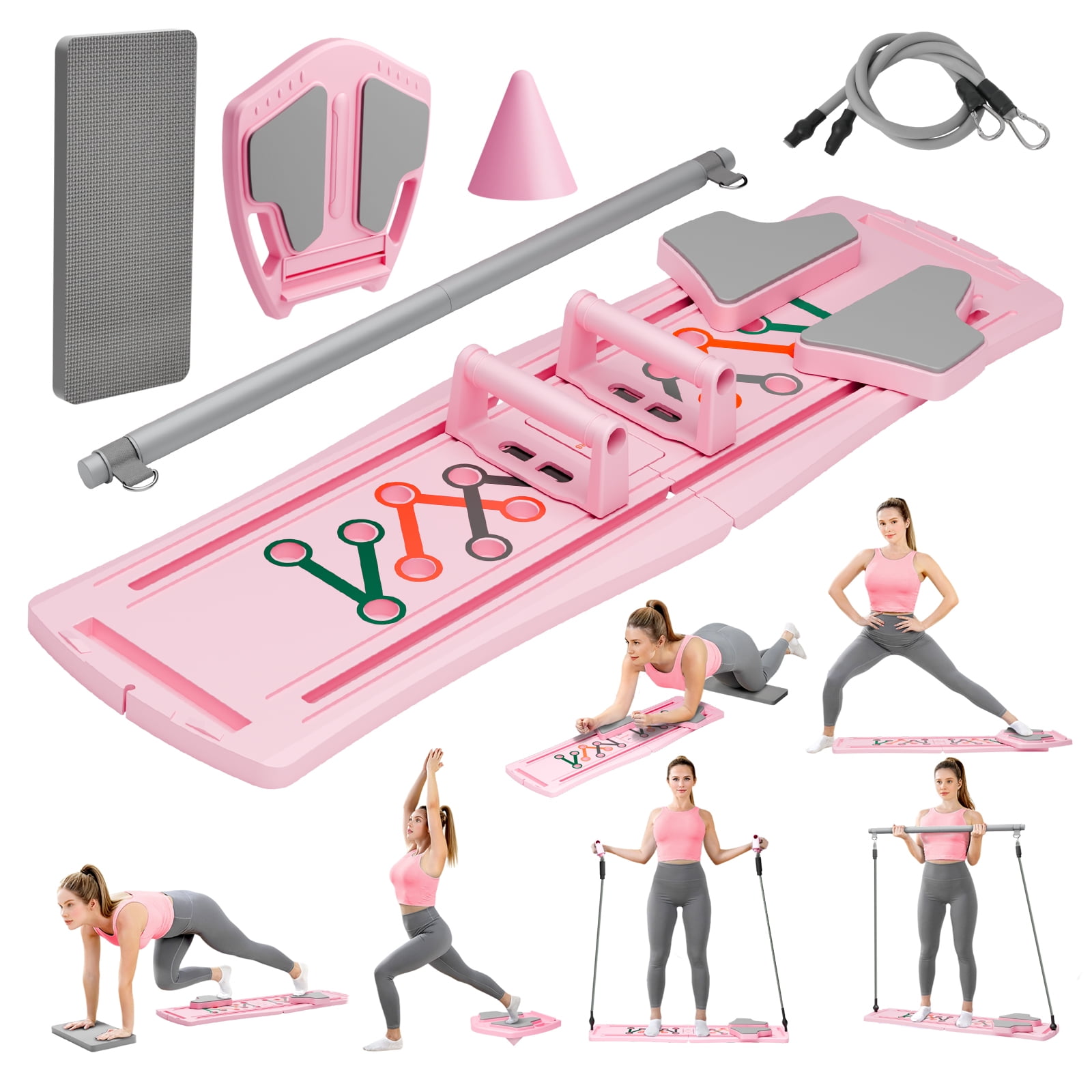 RICAN Pilates Board, Foldable Pilates Abdominal Board for Core Strength Training, Multi-Purpose 7 in 1 Pilates Reformer Machine for Women Workout, Exercise, Fitness, Abs, Pink