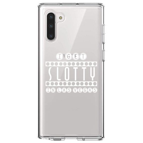 DistinctInk Clear Shockproof Hybrid Case for Samsung Galaxy Note 10 (6.3" Screen) - TPU Bumper Acrylic Back Tempered Glass Screen Protector - I Get SLOTTY in Las Vegas