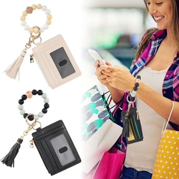 Luxtrada Wristlet Bracelet Keychain Wallet for Women 10 Slots Credit Card Holder Tassel Purse Silicone Key Ring (White)