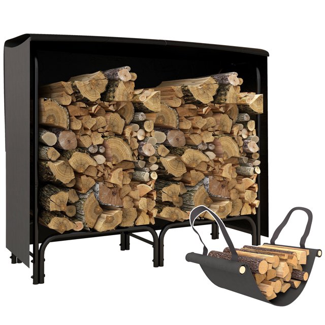 Outsunny 4ft Firewood Rack with Cover and Carrier Wood Storage Holder Black