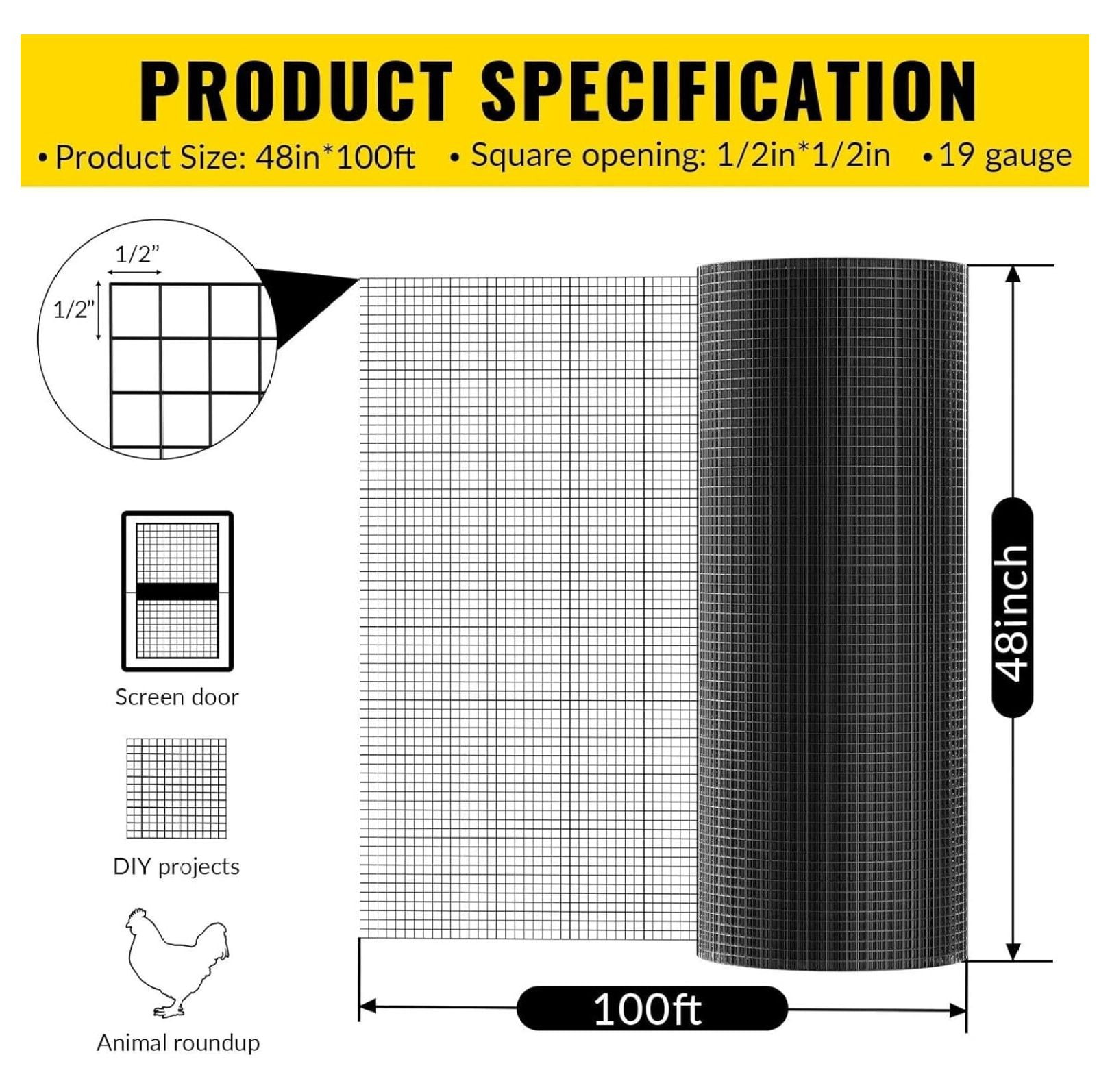 Hardware Cloth 1/2 inch x 100 ft Heavy Duty Black Chicken Wire Fencing 19 Gauge Vinyl Coated Welded Wire Mesh Roll PVC Hardware Cloth Chicken Wire Fencing Garden Fence Tree Guard