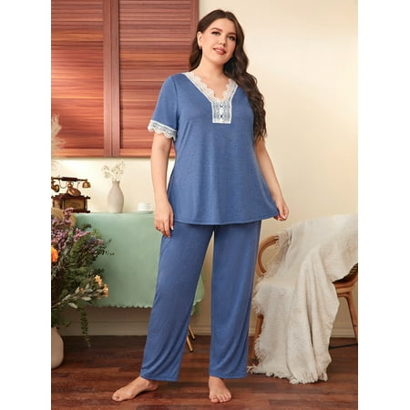 

Blue Casual Women s Plus Scallop Lace Trim PJ Set 2XL(16) Y22001D