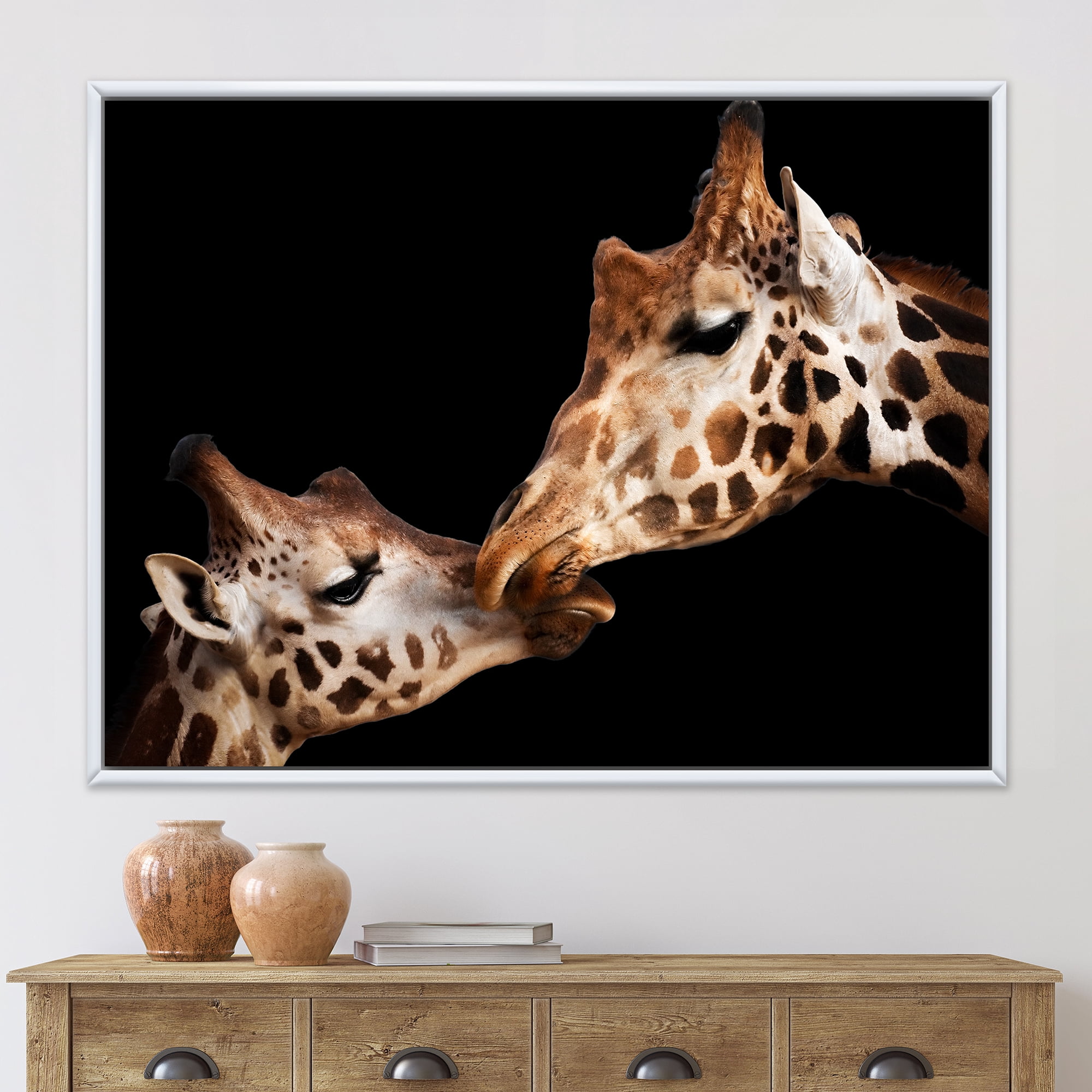 Designart 'Close UP Of Two Giraffes Kissing II' Farmhouse Framed Canvas Wall Art Print