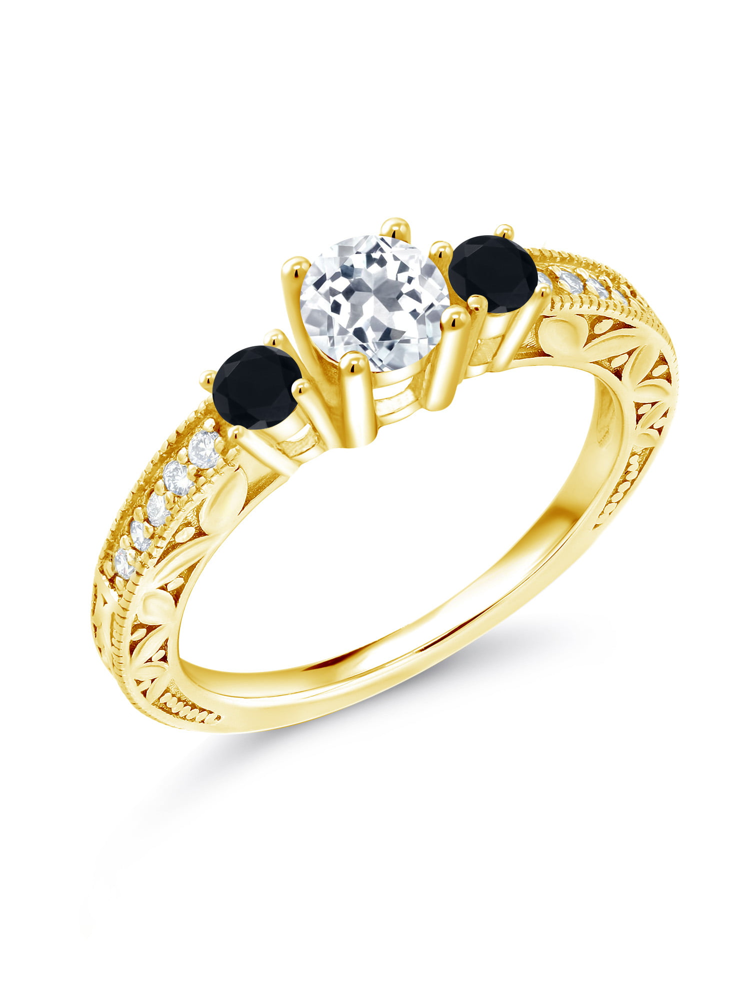 Gem Stone King 0.93 Ct Round White Topaz Black Onyx 18K Yellow Gold Plated  Silver Ring