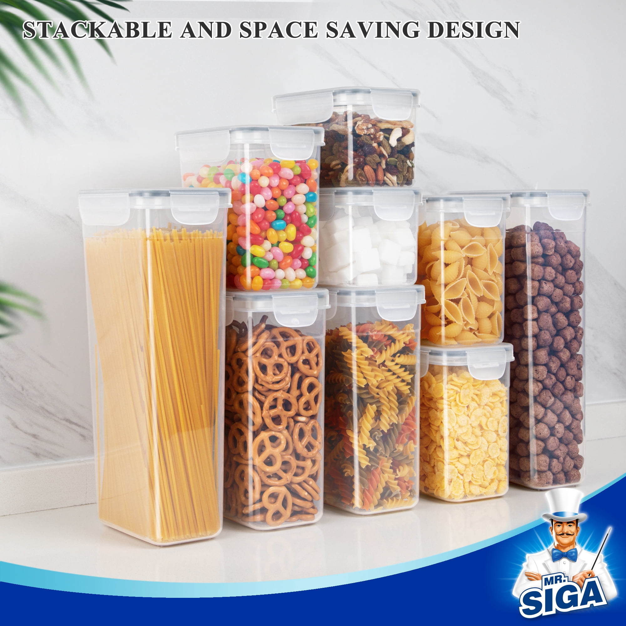 MR.Siga 16 Pack Airtight Food Storage Container Set, BPA Free Kitchen Pantry Organization, Kitchen Canisters for Cereal, Spaghetti