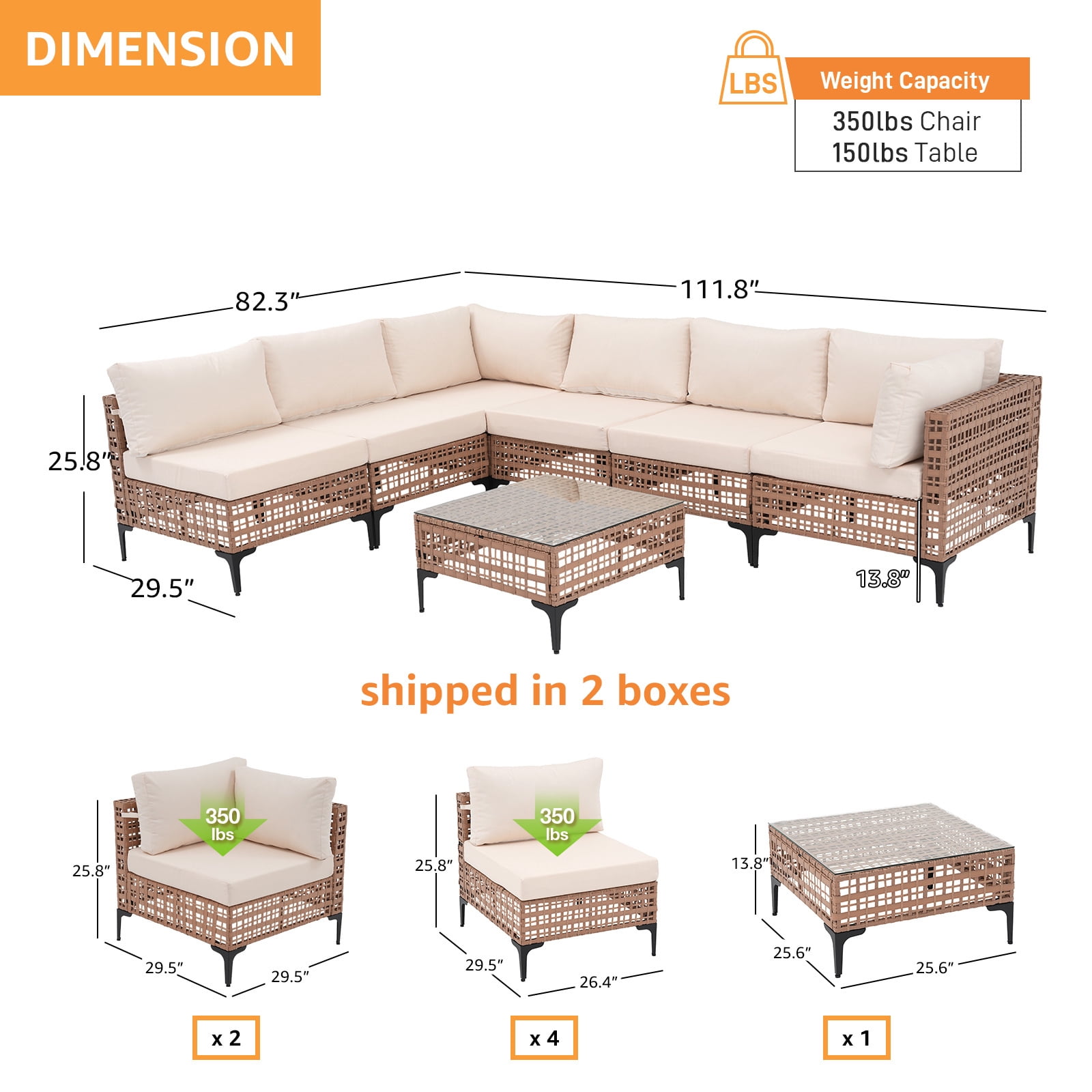 JOIVI 7 Pieces Patio Furniture Set, Outdoor Sectional Sofa Set with Cushion and Coffee Table, 7-Piece PE Rattan Conversation Set for Deck, Porch, Backyard, Off-White