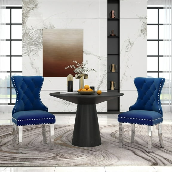 Roundhill Furniture Vogel 3-Piece Round Dining Set, Pedestal Dining Table with 2 Chairs, Blue