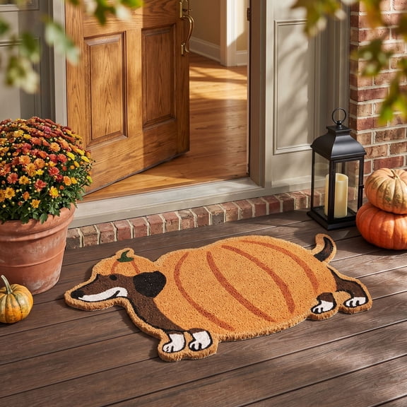 Fall Dachshund Pumpkin Shaped Coir Doormat, Cute Seasonal Front Door Mat for Autumn Halloween Home Entrance Decor
