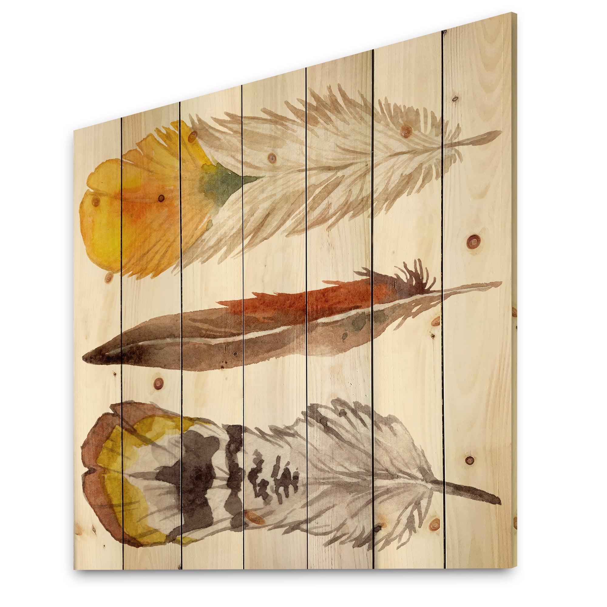 Designart 'Ethnic Yellow Feather From Wing On White' Bohemian & Eclectic Print on Natural Pine Wood