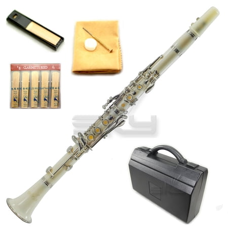 SKY White ABS Bb Clarinet with Case, Mouthpiece, 11 Reeds, Care kit and more