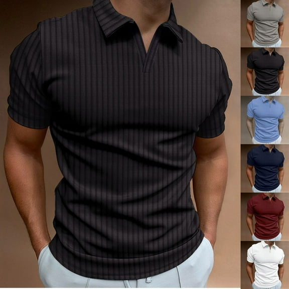DDAPJ pyju Solid Color Polos for Men Business Casual Short Sleeve V Neck Lapel Collar Shirt Lightweight Moisture Wicking Golf Tennis Shirts Sales of The Day Black XXXL