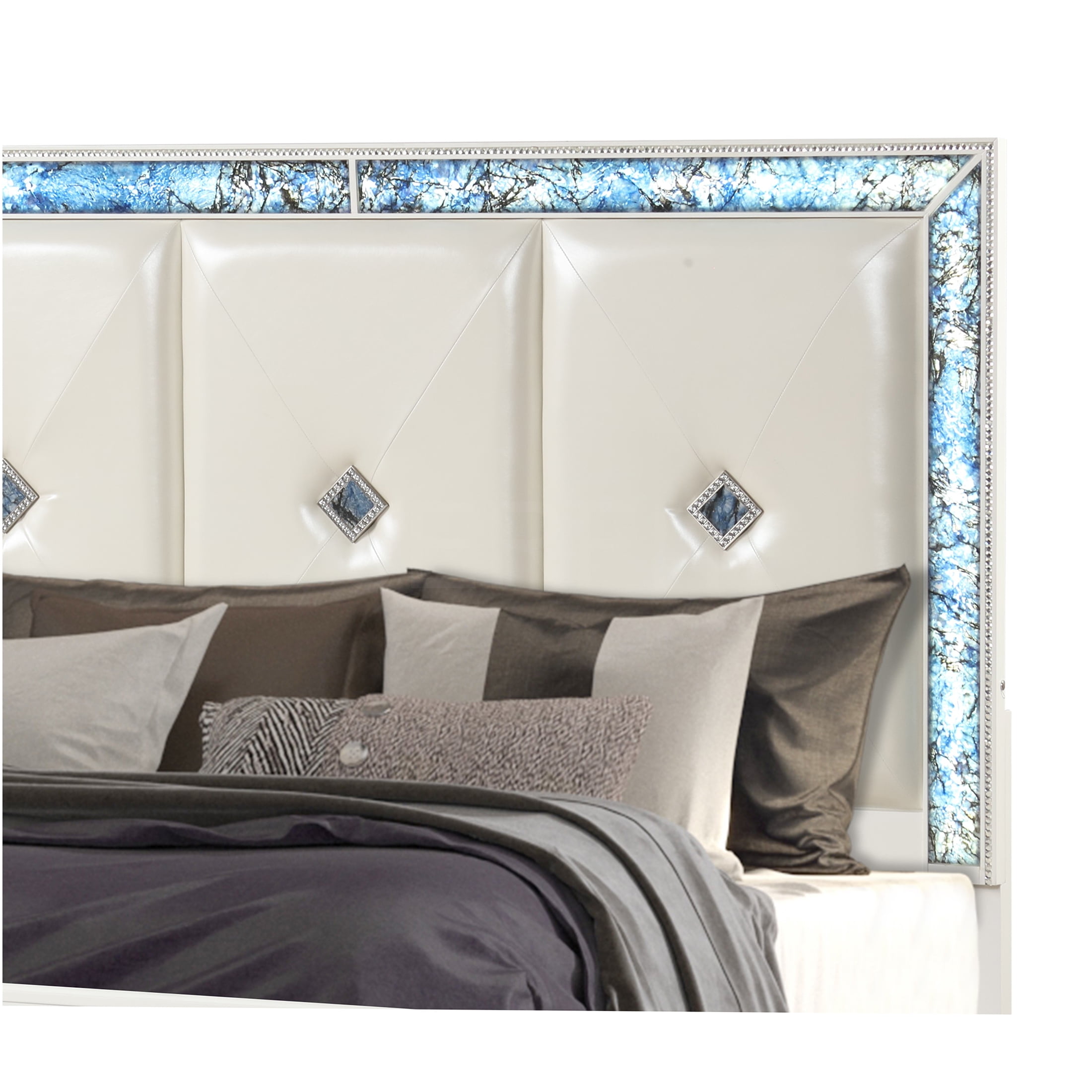 JERFIT White King Size Bed Frame with LED Lights and Upholstered Headboard, Modern Platform Bed with Blue Crystal Marble Accents, Wood Bedroom Furniture