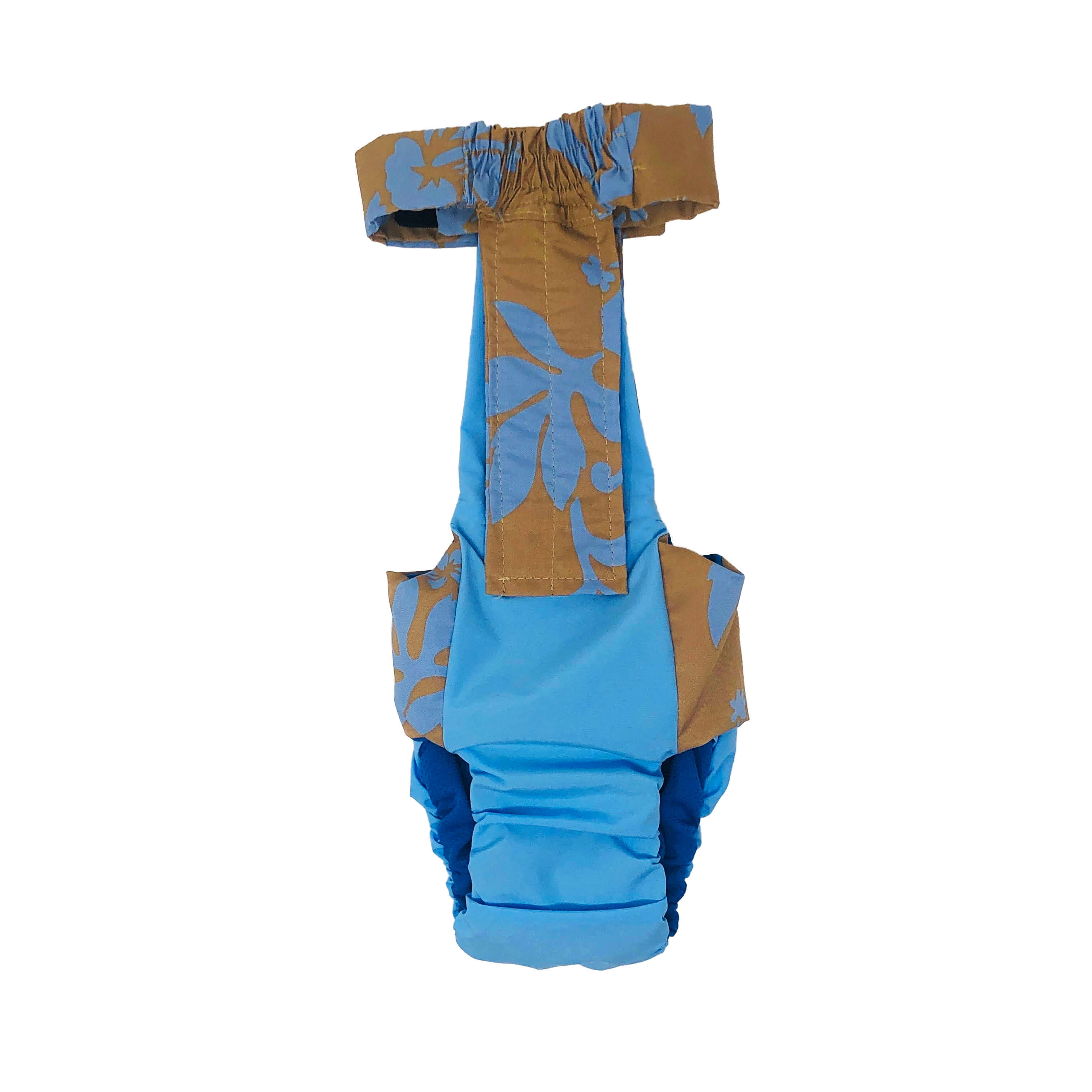 Barkertime Blue Hawaiian Hibiscus Brown on Aqua Blue Dog Diaper Overall