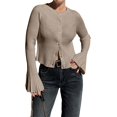 thumbnail image 3 of Suéter de Cuello Redondo Acanalado para Mujer, Camisa de Punto Acampanada de Larga con Botones y Abertura Frontal, Conjunto de Otoño Caqui S, 3 of 6