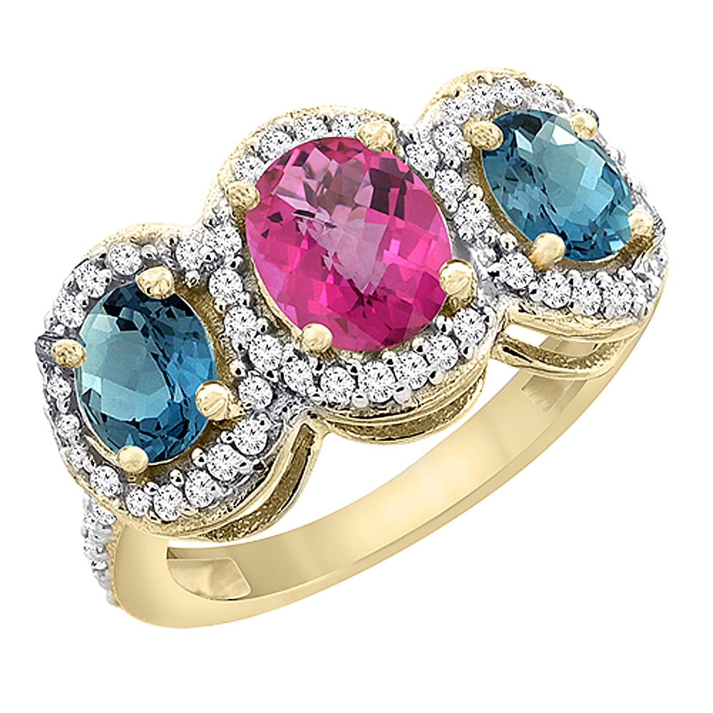 10K Yellow Gold Natural Pink Sapphire & London Blue Topaz 3-Stone Ring Oval Diamond Accent, size 5 by Gabriella Gold
