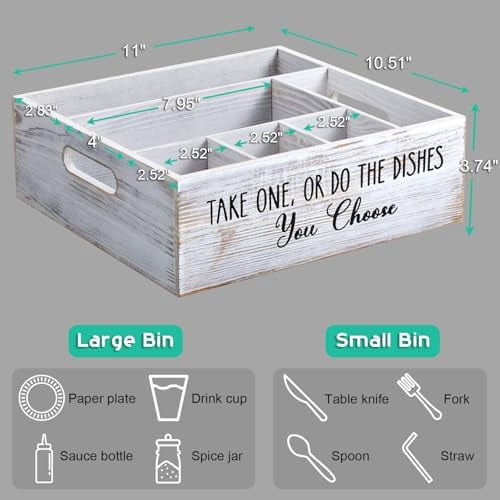 Rustic White Plate and Utensil Caddy, 6-Compartment Paper Plate and Cutlery Holder with Handles, Kitchen and Party Organizer for BBQs, Picnics, and Gatherings