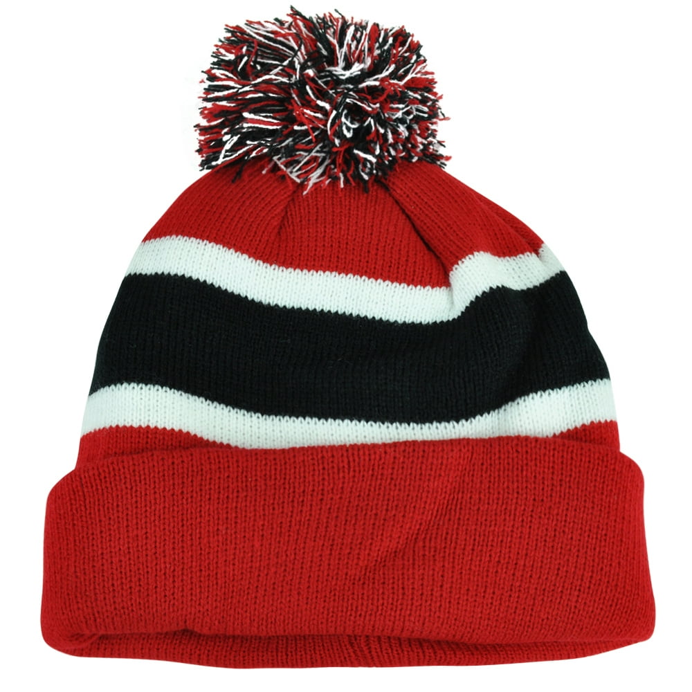 Plain Blank Striped Cuffed Red Black Thick Hat Beanie Pom Pom Knit