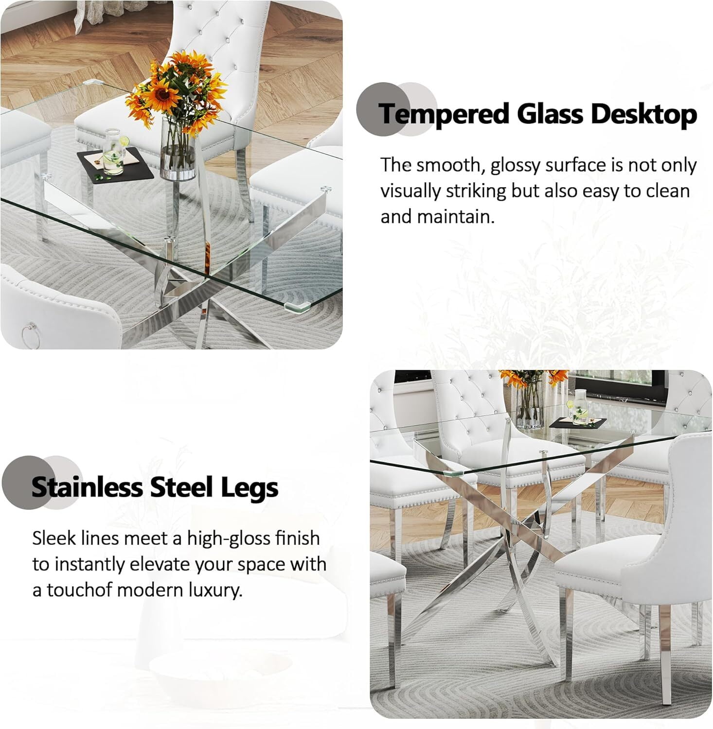63" Rectangular Glass Dining Table, Modern Clear Tempered Glass Top with Silver Stainless Steel Cross-Legged Base, for Kitchen, Apartment, Living Room