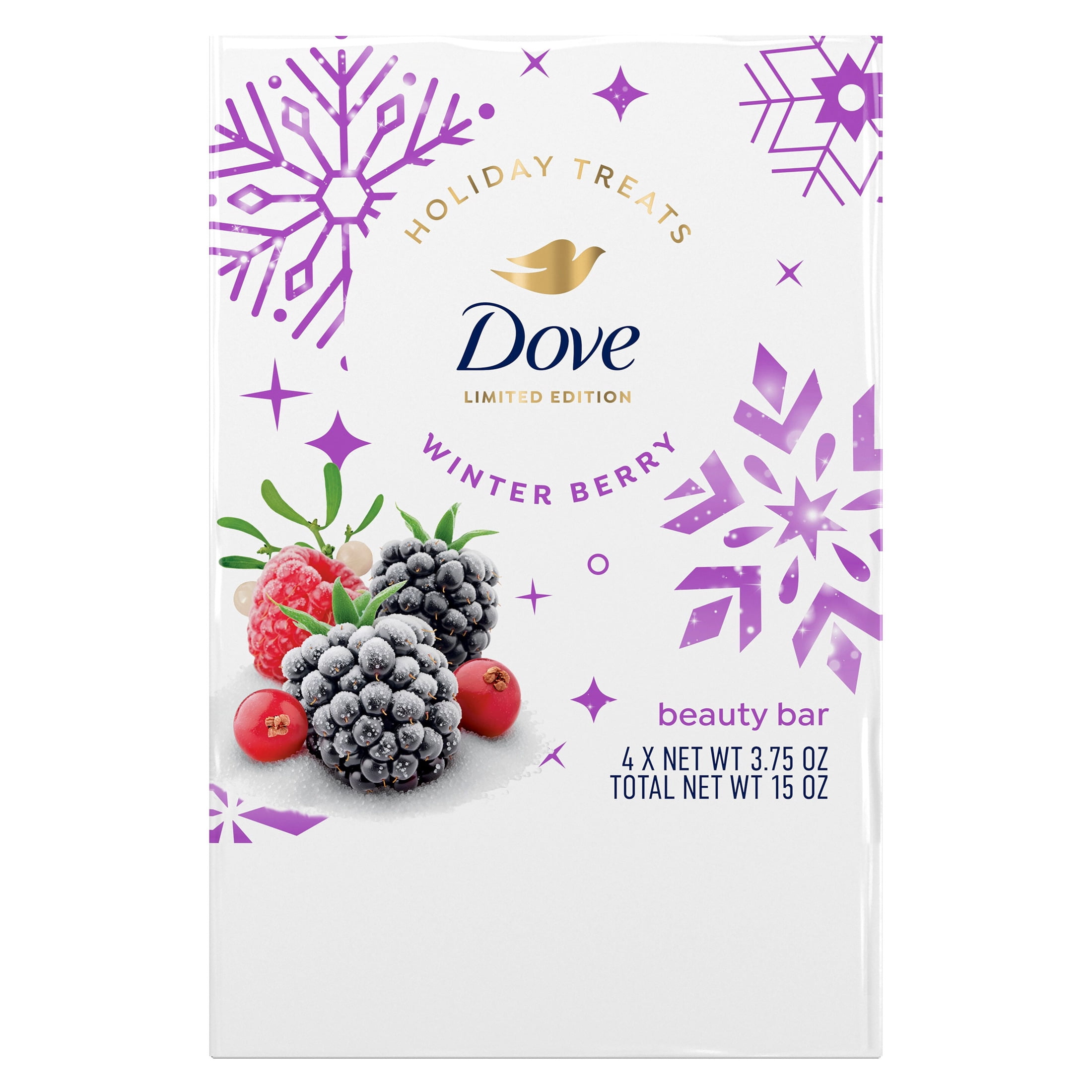 Dove Limited Edition Holiday Treats Beauty Bar Winter Berry Bar Soap For Hydrated And Soft Skin, 3.75 oz 4 Bars