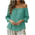 thumbnail image 4 of LYEAA 3/4 Length Sleeve T Shirt for Women Linen 3/4 Sleeve Crewneck Tees Solid Tunic Tops Holiday Clothes, 4 of 8