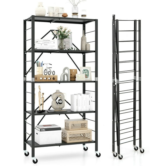 Gymax 5-Tier Foldable Storage Shelf w/ Wheels Adjustable Shelves Metal Shelving Unit