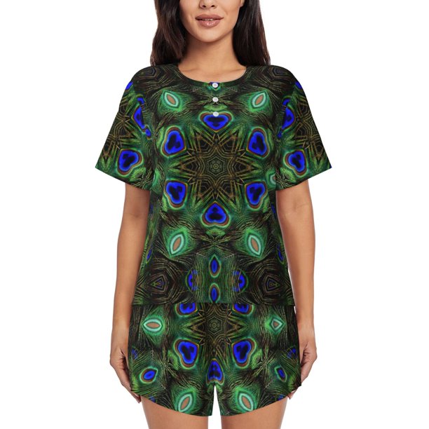 Fotbe Peacock Feathers Conjunto de Pijama Estampado para Mujer, 2 Piezas, Ropa de Dormir con Camiseta de Manga Corta y Shorts Suaves-X-Large