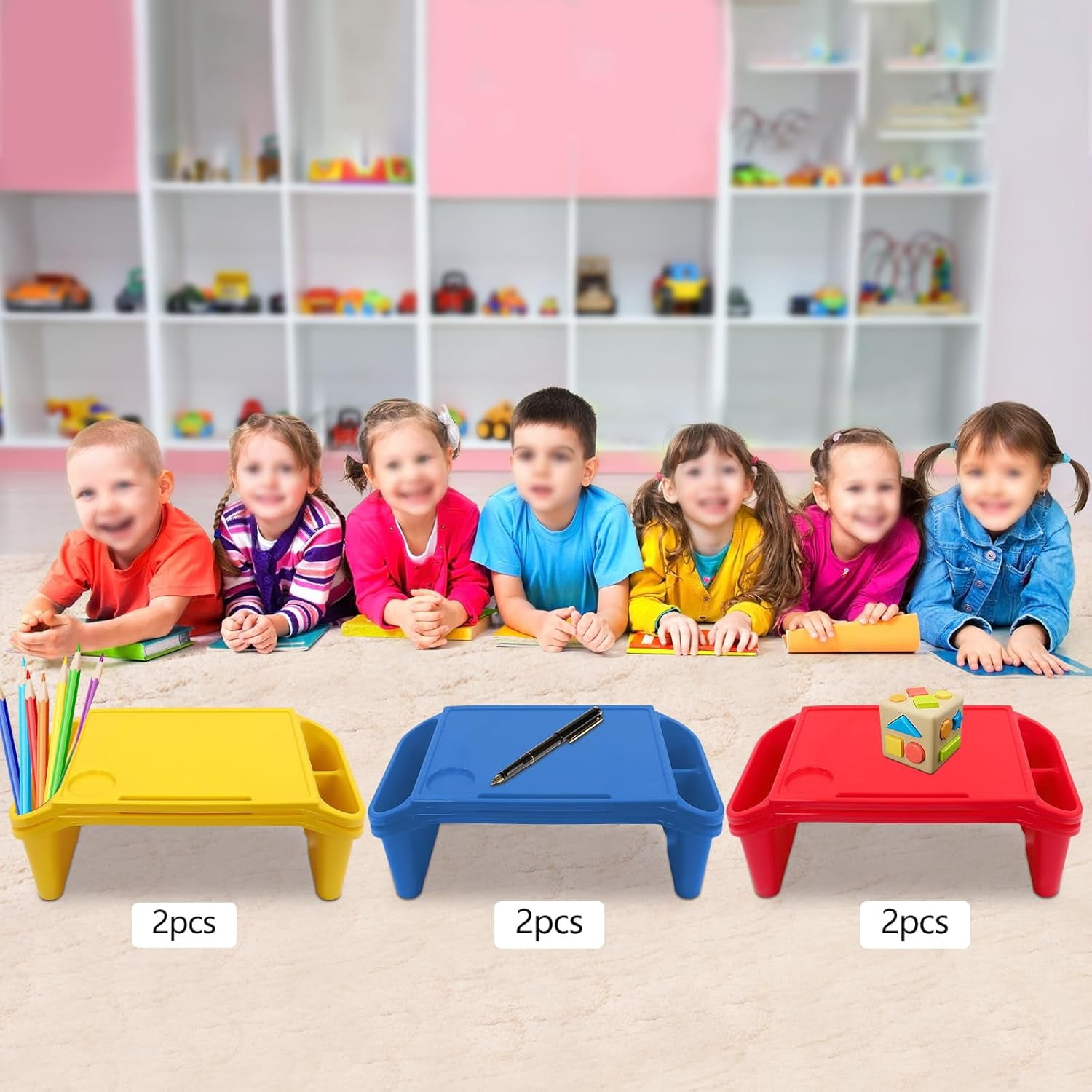 6 Pcs Lap Desk Tray, Portable Colorful Rectangular Kids Lap Bed Table, Plastic Breakfast Laptop Trays with Side Pockets, Stackable Lap Desk for Coloring Books Books Snacks