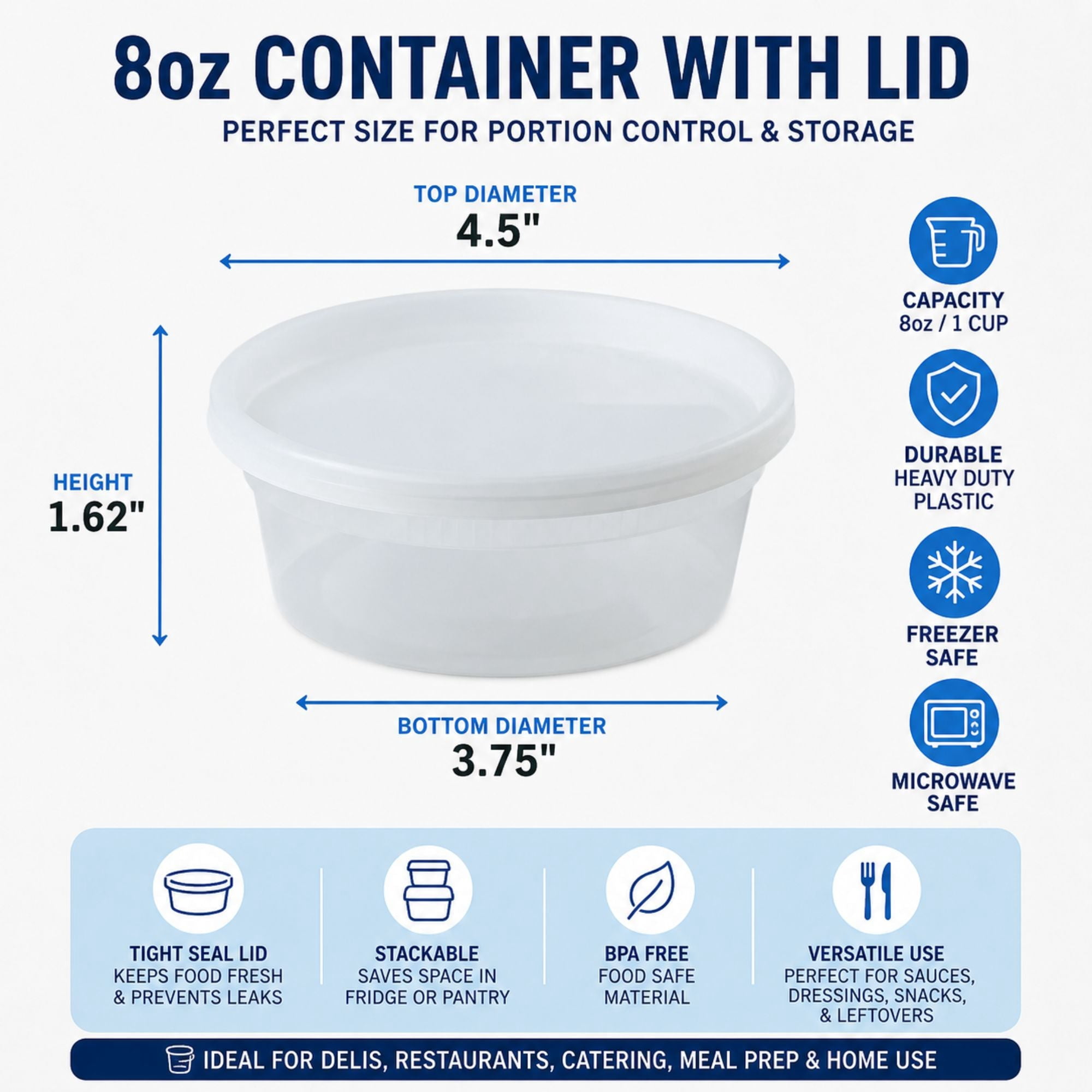 Heavy Duty 8 Oz Deli Food Storage Containers with Airtight Lids, BPA Free Leak Proof Plastic Meal Prep Containers, Clear, Set of 120