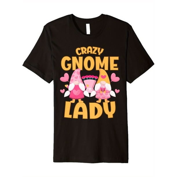 Men's "Crazy Gnome Lady" Graphic T-Shirt - 100% Cotton, Soft & Breathable Crew Neck Short Sleeve Tee, Whimsical Garden Dwarf Design with Hearts & Flowers, Casual Summer Streetwear f